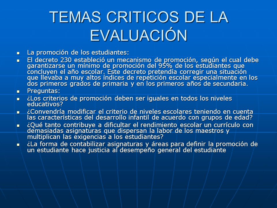 TEMAS CRITICOS DE LA EVALUACIÓN