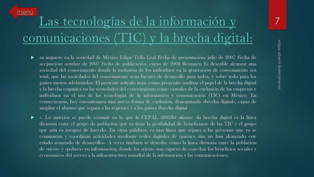menú Las tecnologías de la información y comunicaciones (TIC) y la brecha digital: