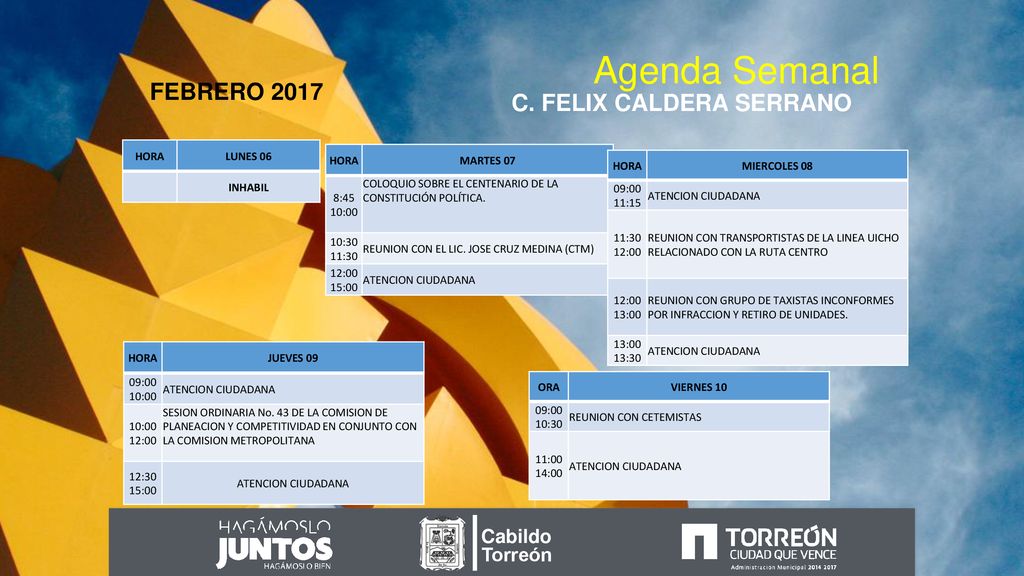 Agenda Semanal FEBRERO 2017 C. FELIX CALDERA SERRANO Cabildo Torreón