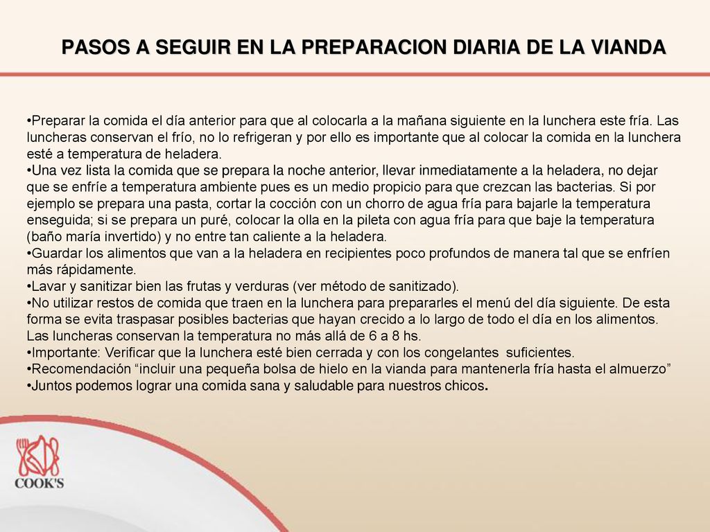 PASOS A SEGUIR EN LA PREPARACION DIARIA DE LA VIANDA