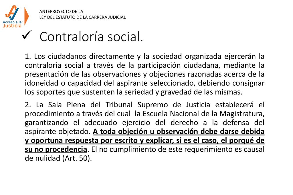 ANTEPROYECTO DE LA LEY DEL ESTATUTO DE LA CARRERA JUDICIAL. Contraloría social.