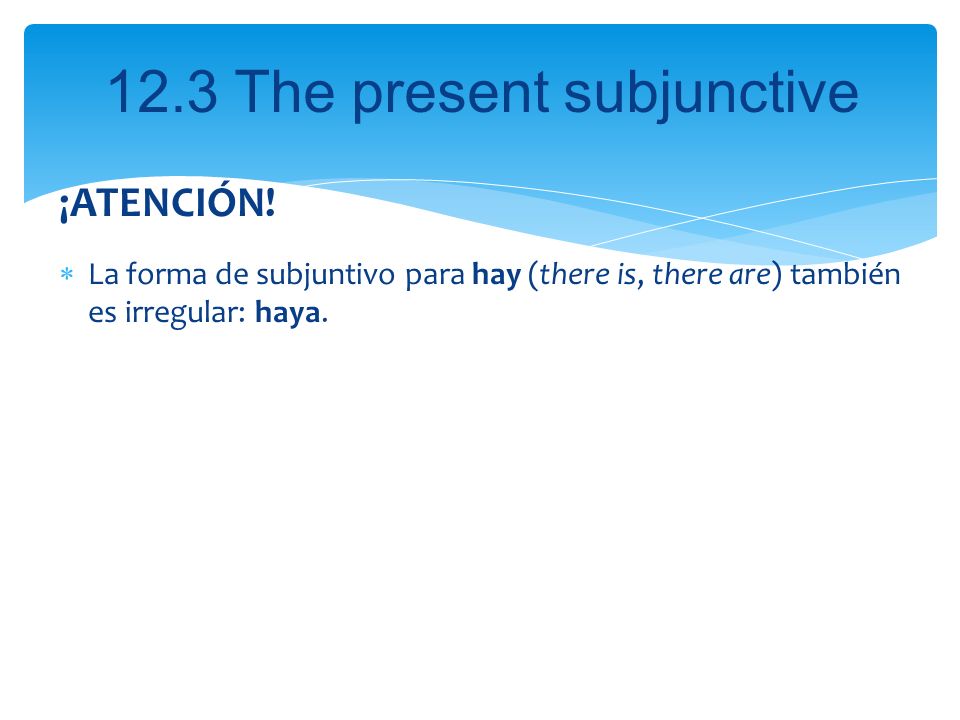 ¡ATENCIÓN! La forma de subjuntivo para hay (there is, there are) también es irregular: haya.