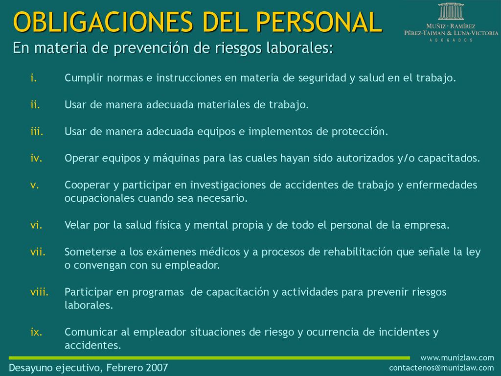 OBLIGACIONES DEL PERSONAL En materia de prevención de riesgos laborales: