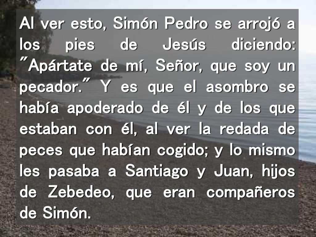 Al ver esto, Simón Pedro se arrojó a los pies de Jesús diciendo: Apártate de mí, Señor, que soy un pecador. Y es que el asombro se había apoderado de él y de los que estaban con él, al ver la redada de peces que habían cogido; y lo mismo les pasaba a Santiago y Juan, hijos de Zebedeo, que eran compañeros de Simón.