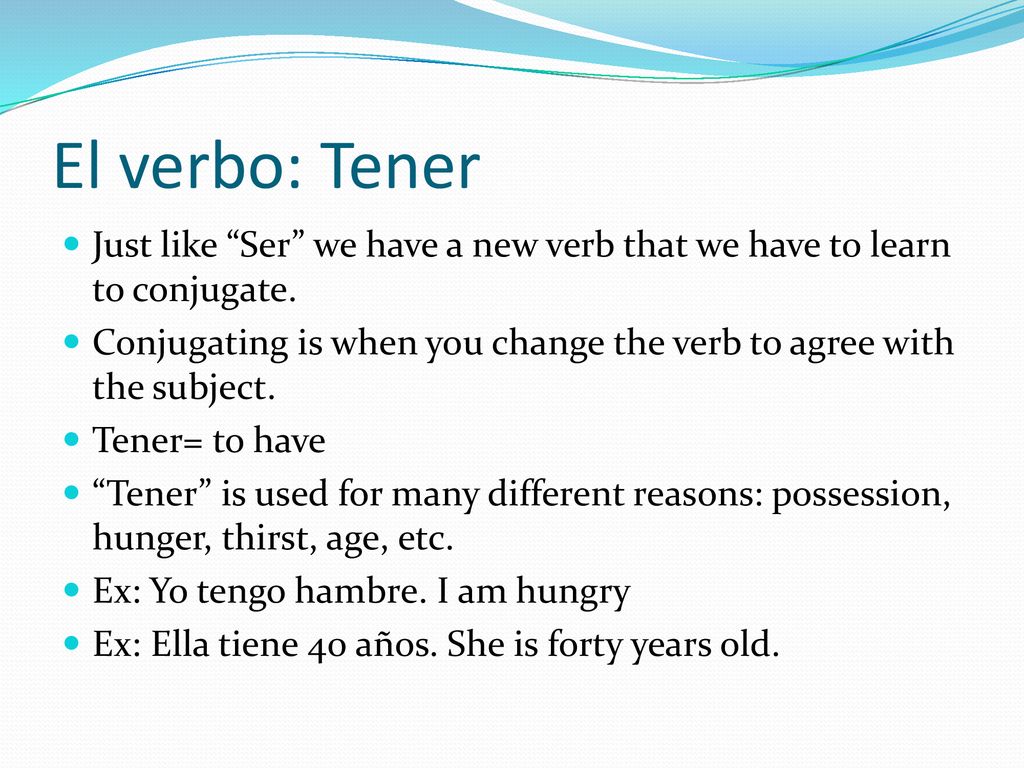 El verbo: Tener Just like Ser we have a new verb that we have to learn to conjugate.