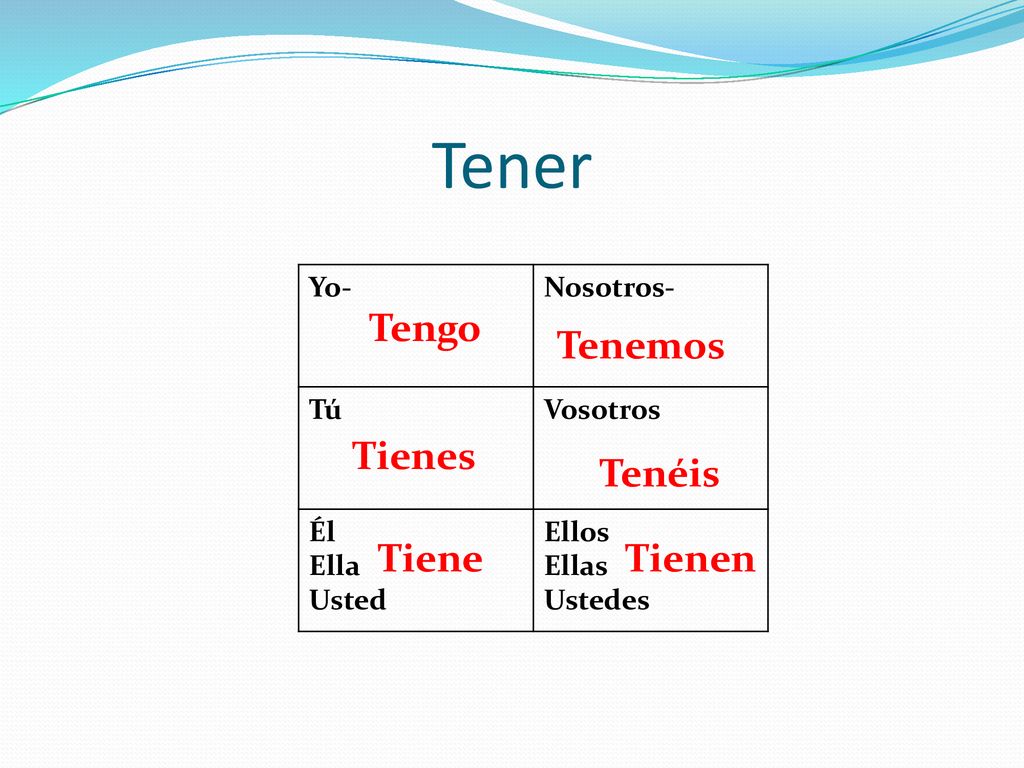 Tener Tengo Tenemos Tienes Tenéis Tiene Tienen Yo- Nosotros- Tú