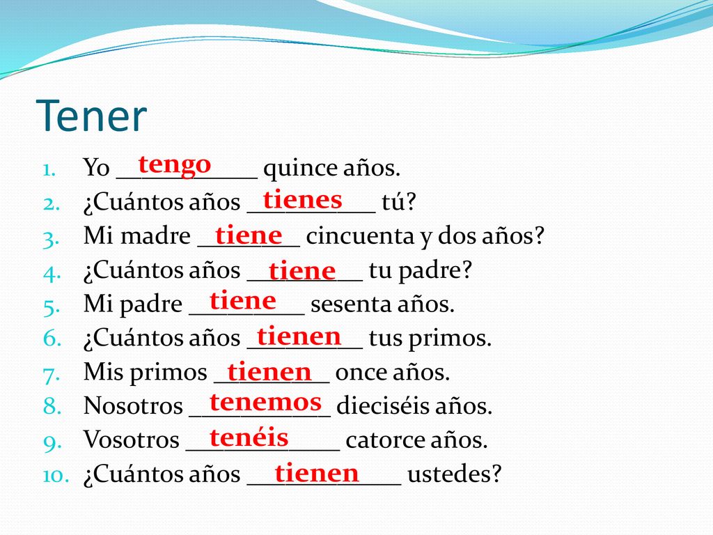 Tener tengo tienes tiene tiene tiene tienen tienen tenemos tenéis