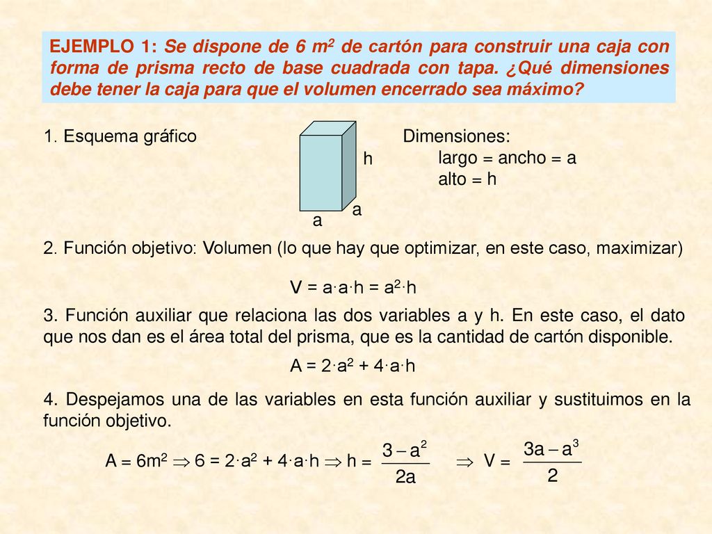 EJEMPLO 1: Se dispone de 6 m2 de cartón para construir una caja con forma de prisma recto de base cuadrada con tapa. ¿Qué dimensiones debe tener la caja para que el volumen encerrado sea máximo