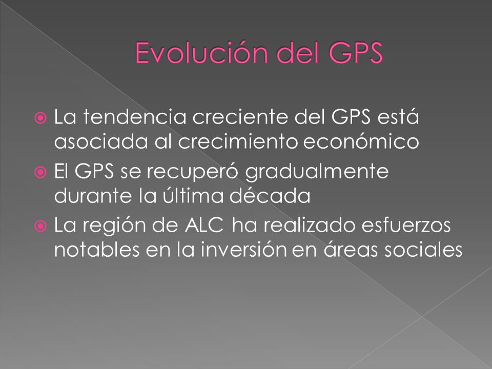 Evolución del GPS La tendencia creciente del GPS está asociada al crecimiento económico. El GPS se recuperó gradualmente durante la última década.