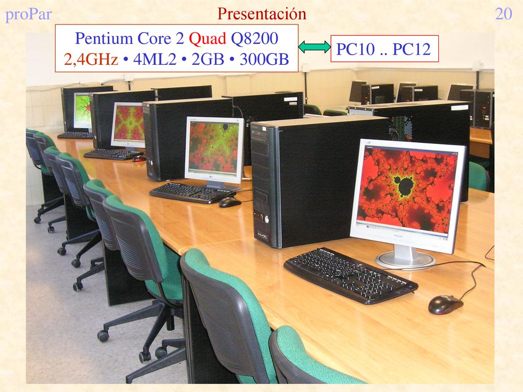 proPar Presentación 20 Pentium Core 2 Quad Q8200 2,4GHz • 4ML2 • 2GB • 300GB PC10 .. PC12