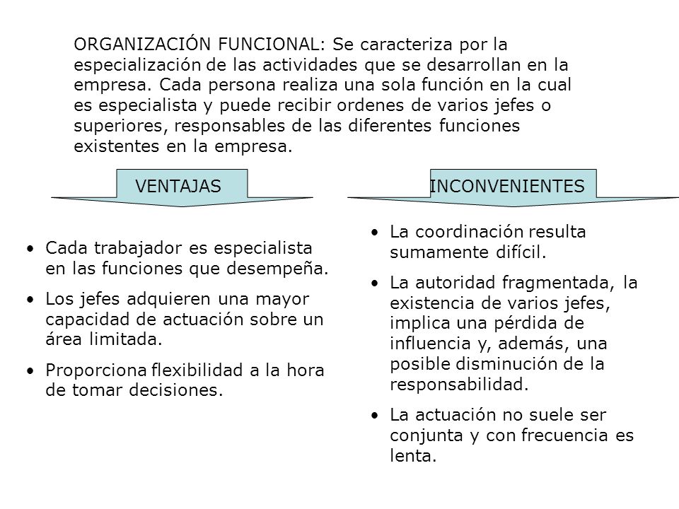 ORGANIZACIÓN FUNCIONAL: Se caracteriza por la especialización de las actividades que se desarrollan en la empresa. Cada persona realiza una sola función en la cual es especialista y puede recibir ordenes de varios jefes o superiores, responsables de las diferentes funciones existentes en la empresa.