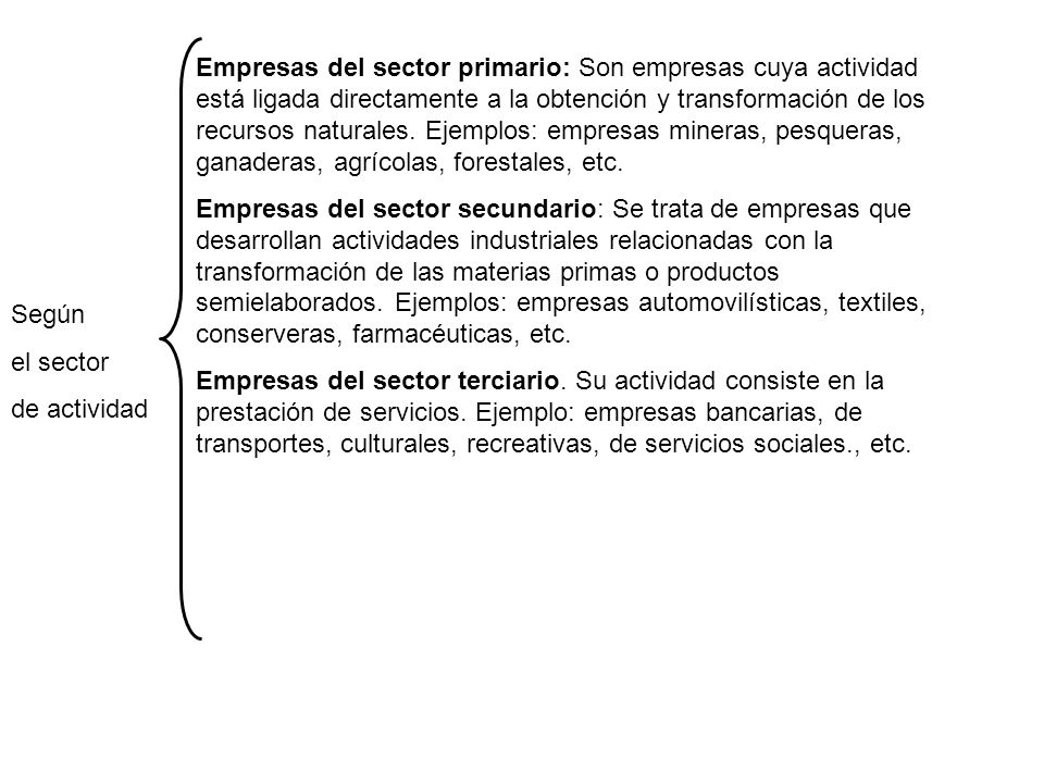 Empresas del sector primario: Son empresas cuya actividad está ligada directamente a la obtención y transformación de los recursos naturales. Ejemplos: empresas mineras, pesqueras, ganaderas, agrícolas, forestales, etc.