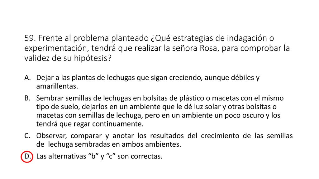 59. Frente al problema planteado ¿Qué estrategias de indagación o experimentación, tendrá que realizar la señora Rosa, para comprobar la validez de su hipótesis