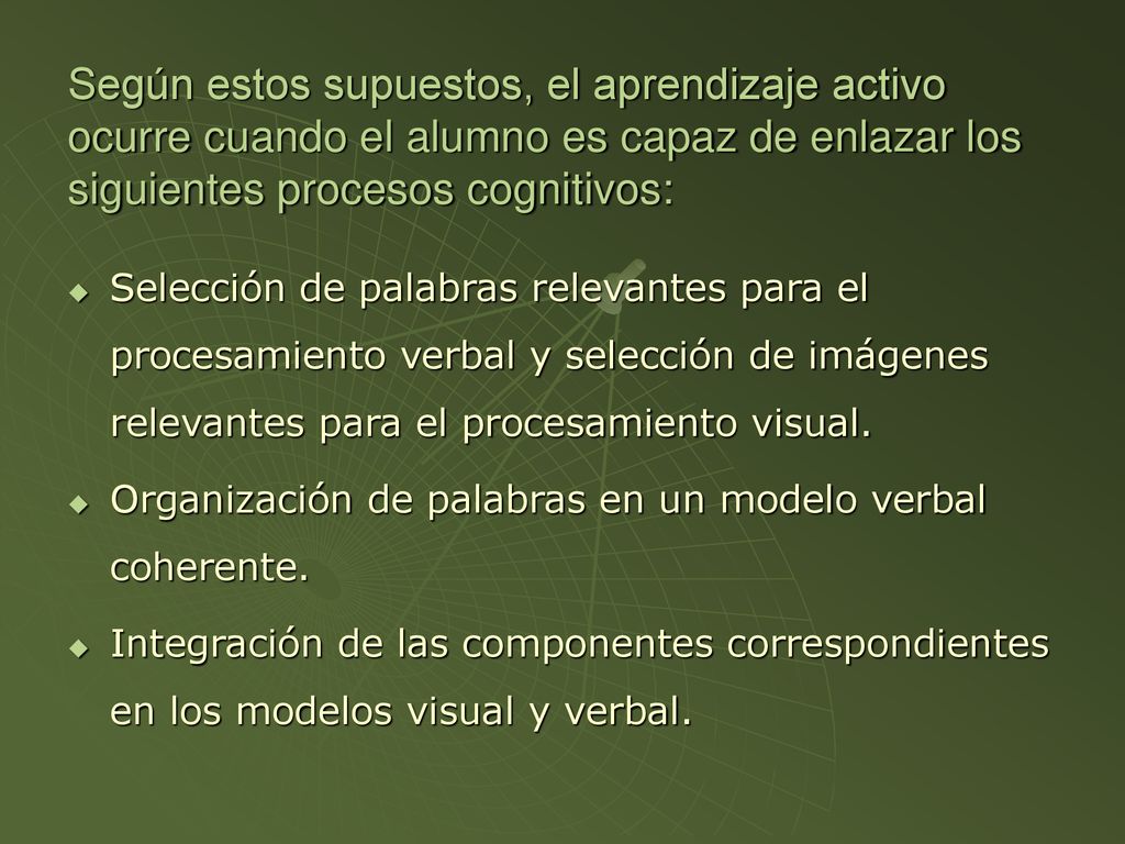 Según estos supuestos, el aprendizaje activo ocurre cuando el alumno es capaz de enlazar los siguientes procesos cognitivos: