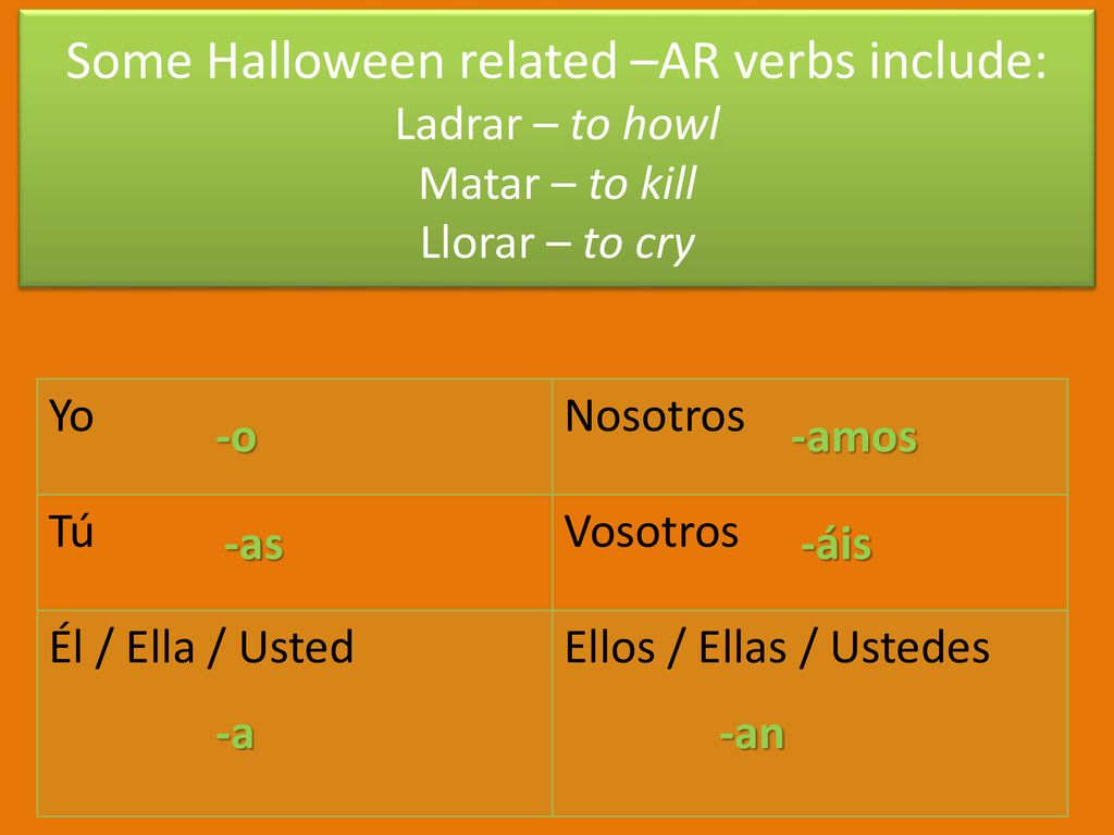 Some Halloween related –AR verbs include: Ladrar – to howl Matar – to kill Llorar – to cry