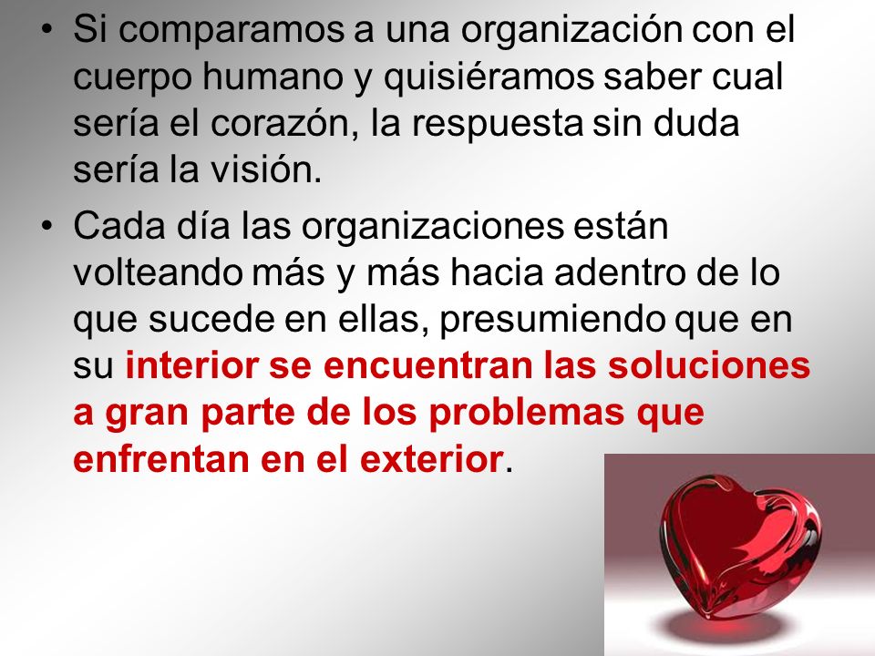 Si comparamos a una organización con el cuerpo humano y quisiéramos saber cual sería el corazón, la respuesta sin duda sería la visión.