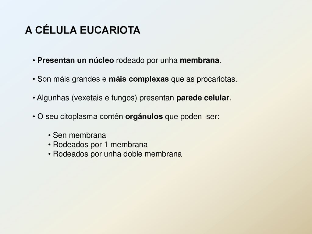 A CÉLULA EUCARIOTA Presentan un núcleo rodeado por unha membrana.