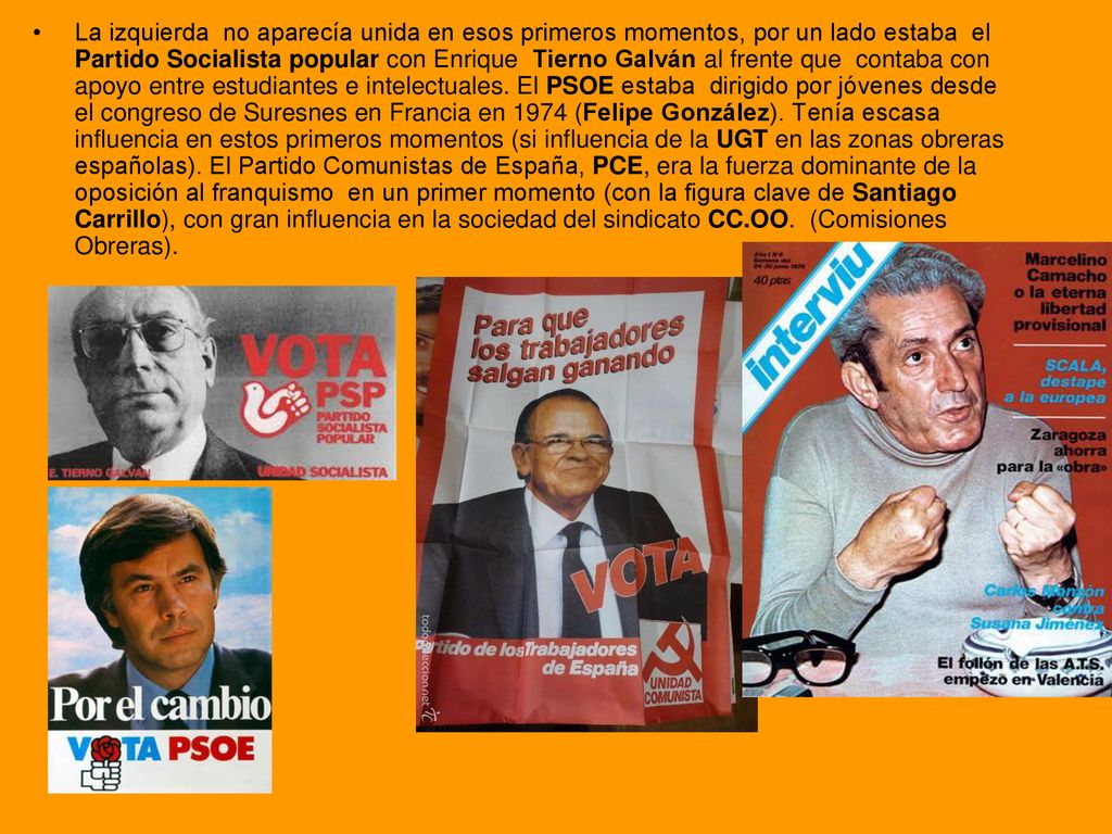 La izquierda no aparecía unida en esos primeros momentos, por un lado estaba el Partido Socialista popular con Enrique Tierno Galván al frente que contaba con apoyo entre estudiantes e intelectuales.