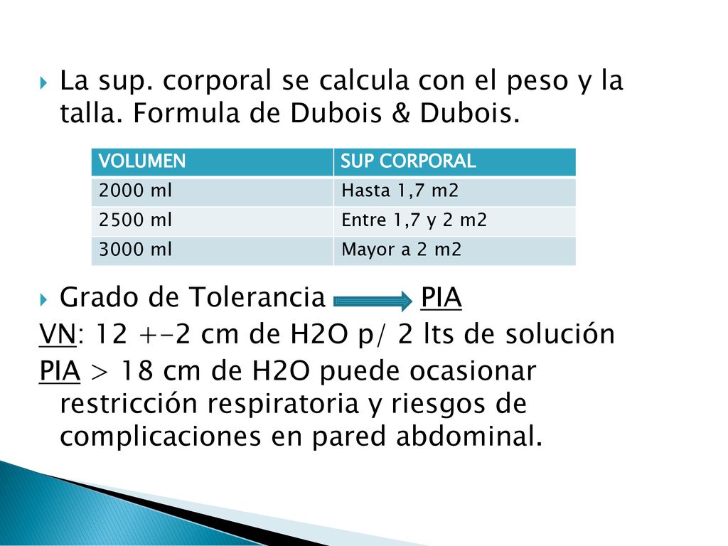 Grado de Tolerancia PIA VN: cm de H2O p/ 2 lts de solución