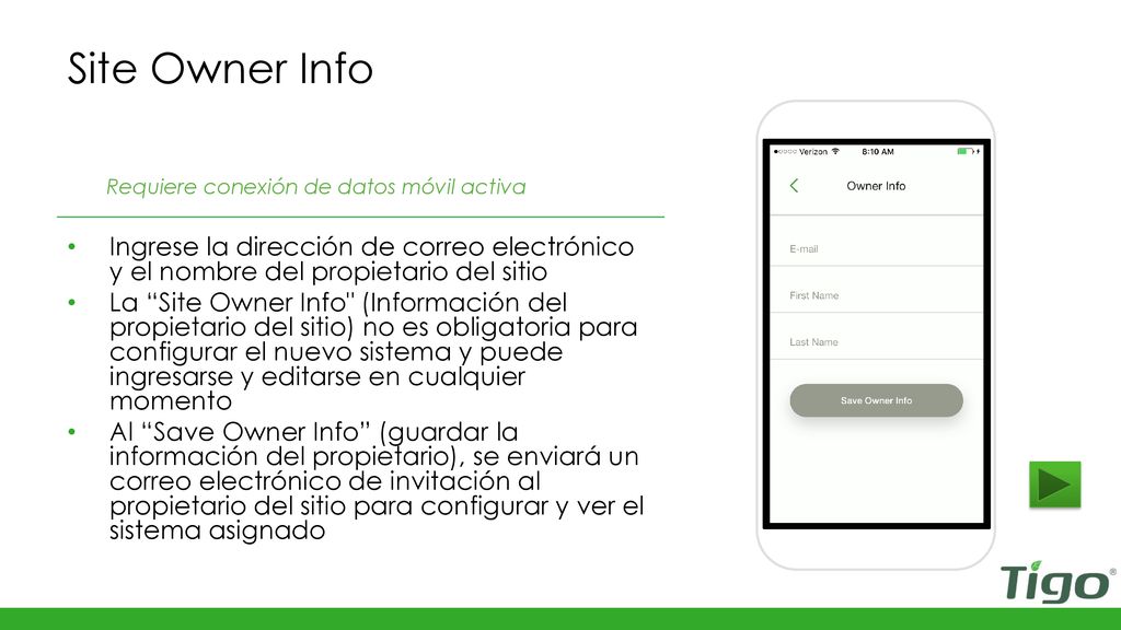 Site Owner Info Requiere conexión de datos móvil activa. Ingrese la dirección de correo electrónico y el nombre del propietario del sitio.