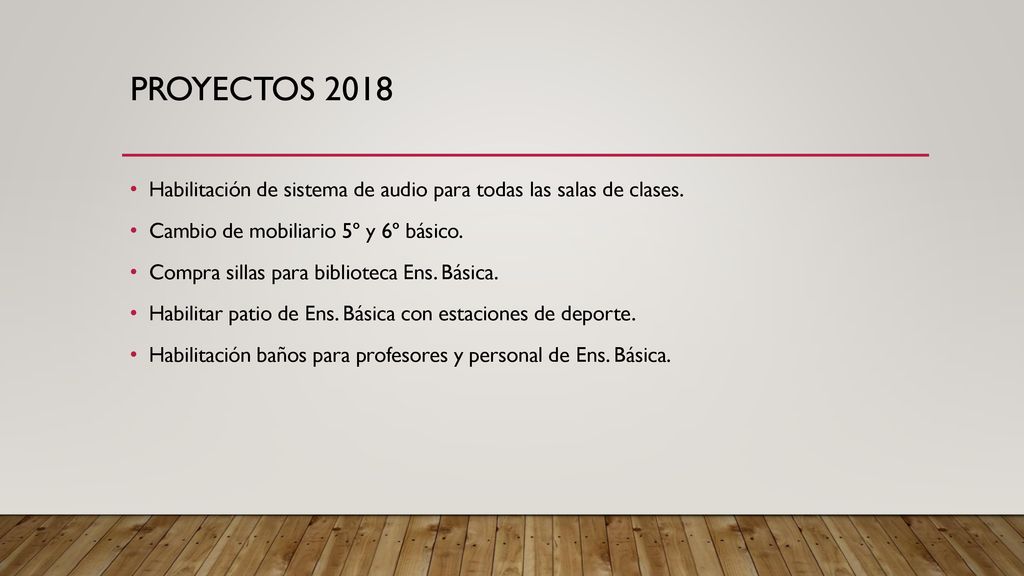 Proyectos 2018 Habilitación de sistema de audio para todas las salas de clases. Cambio de mobiliario 5º y 6º básico.