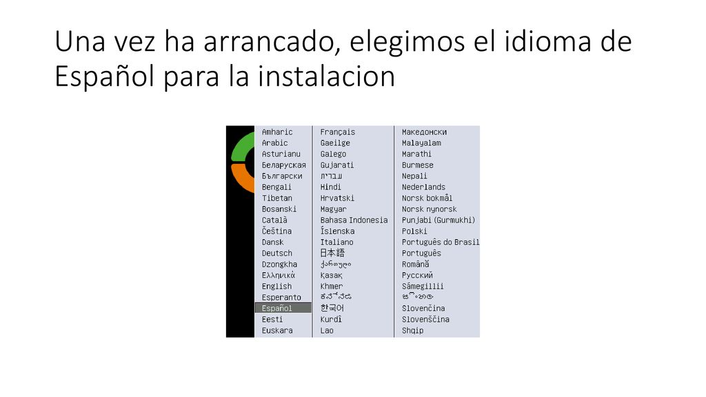 Una vez ha arrancado, elegimos el idioma de Español para la instalacion