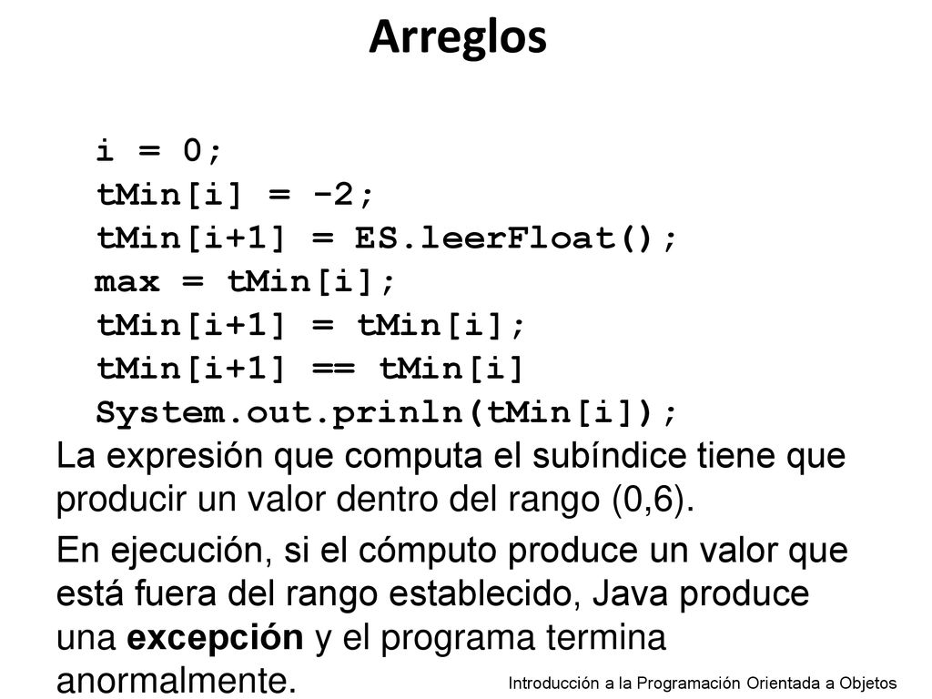 Arreglos i = 0; tMin[i] = -2; tMin[i+1] = ES.leerFloat();