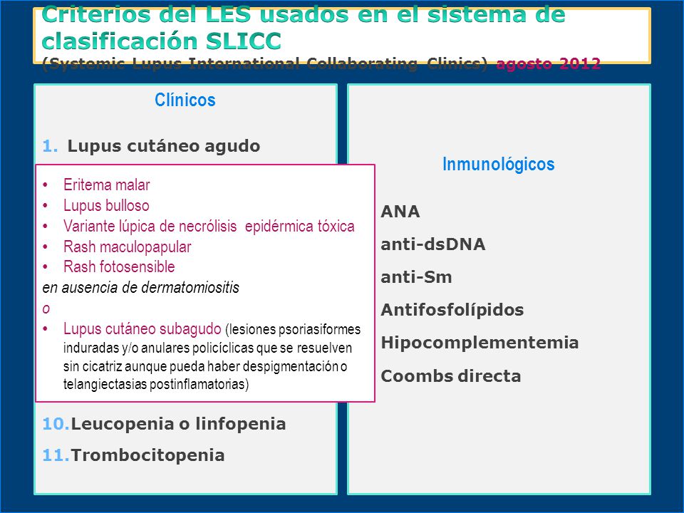 Criterios del LES usados en el sistema de clasificación SLICC (Systemic Lupus International Collaborating Clinics) agosto 2012