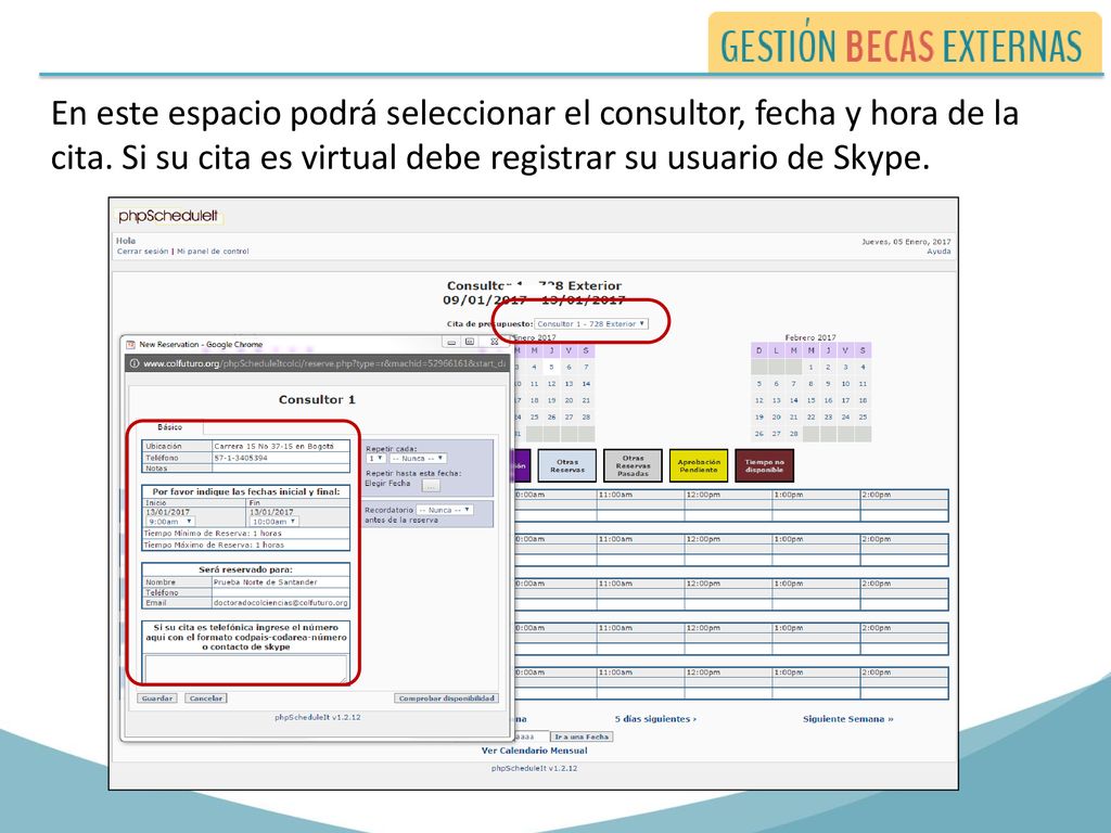 En este espacio podrá seleccionar el consultor, fecha y hora de la cita.