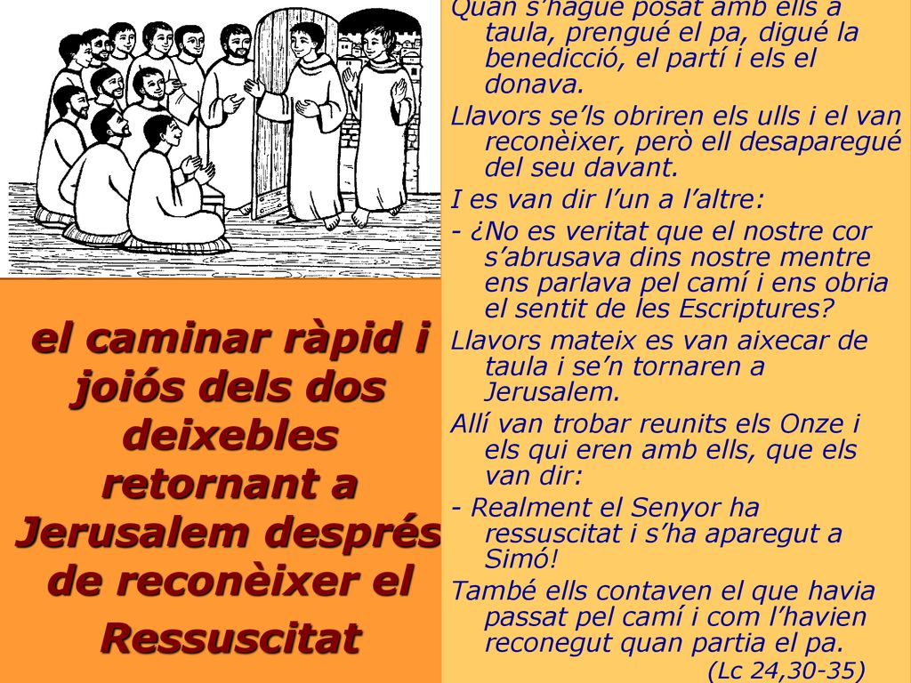 Quan s’hagué posat amb ells a taula, prengué el pa, digué la benedicció, el partí i els el donava.