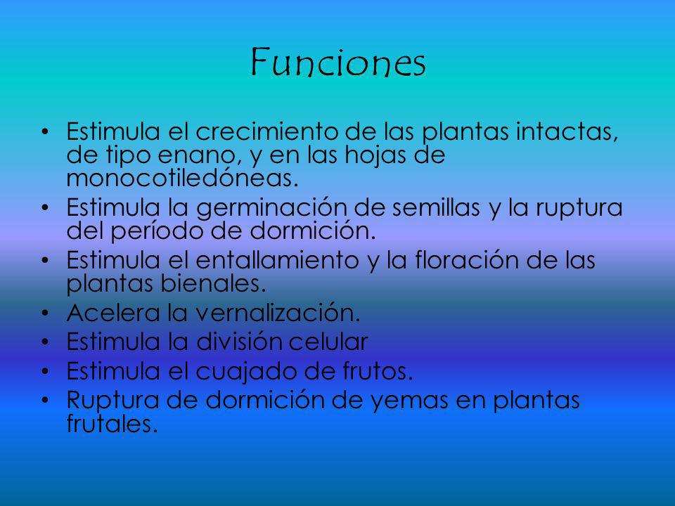 Funciones Estimula el crecimiento de las plantas intactas, de tipo enano, y en las hojas de monocotiledóneas.