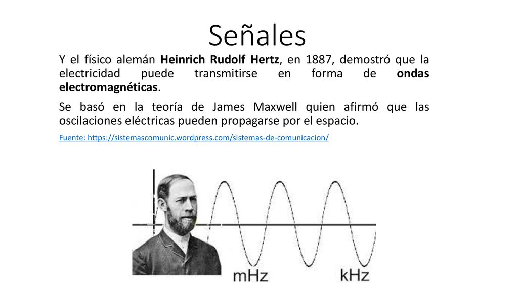Señales Y el físico alemán Heinrich Rudolf Hertz, en 1887, demostró que la electricidad puede transmitirse en forma de ondas electromagnéticas.