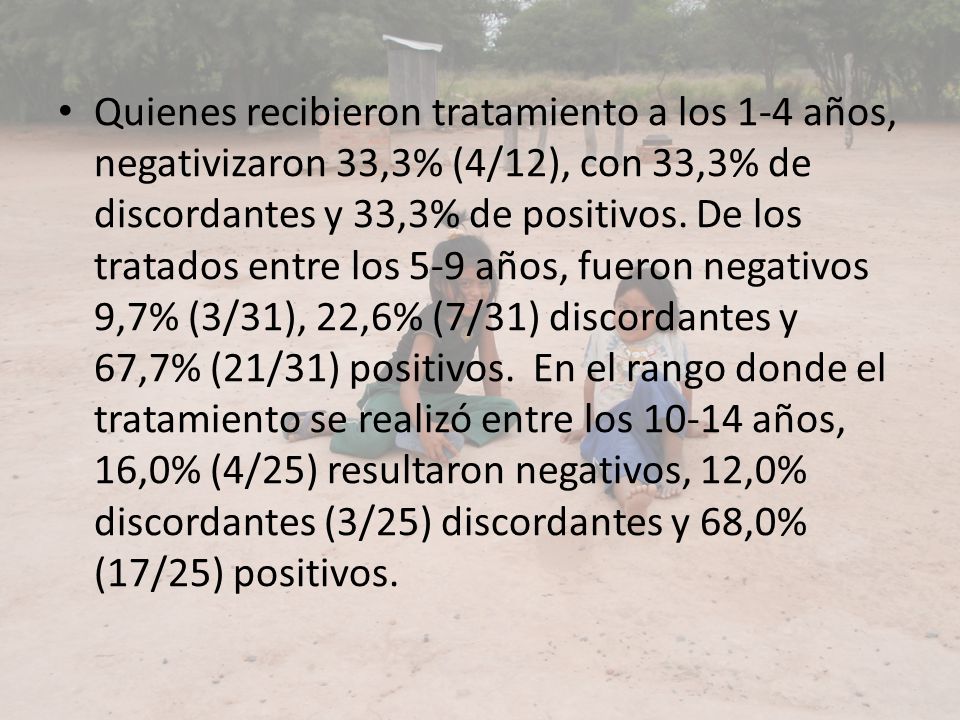 Quienes recibieron tratamiento a los 1-4 años, negativizaron 33,3% (4/12), con 33,3% de discordantes y 33,3% de positivos.