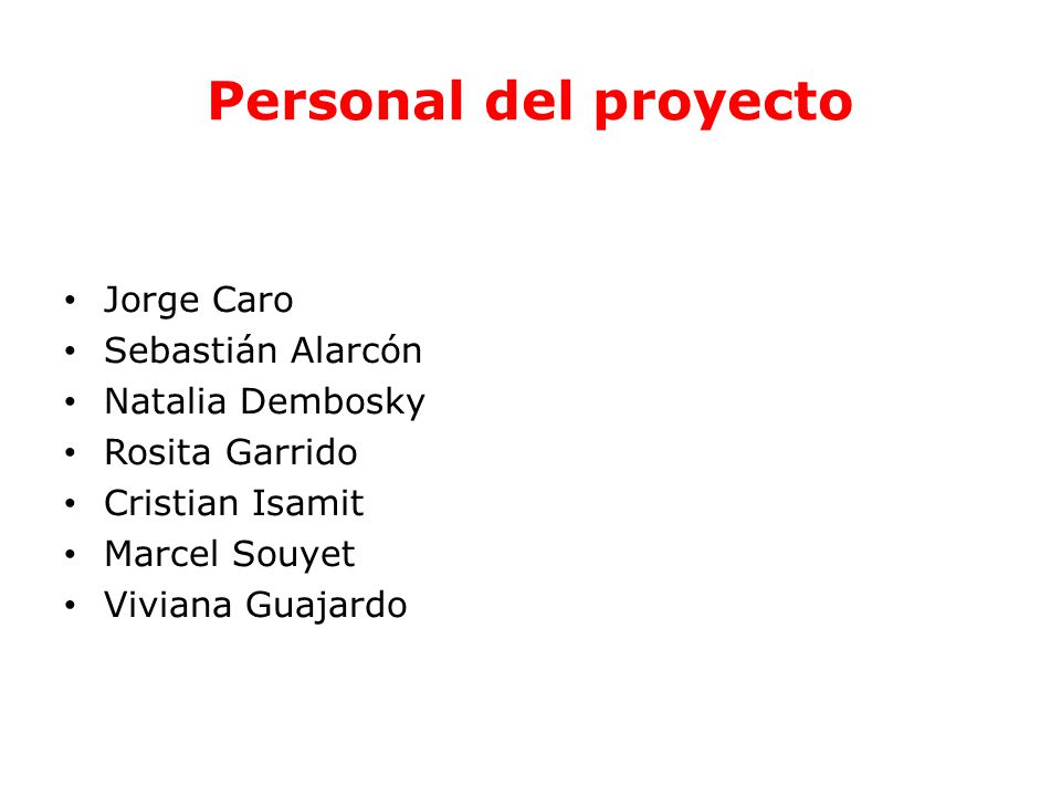 Personal del proyecto Jorge Caro Sebastián Alarcón Natalia Dembosky