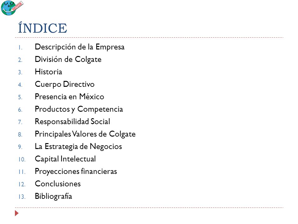 ÍNDICE Descripción de la Empresa División de Colgate Historia