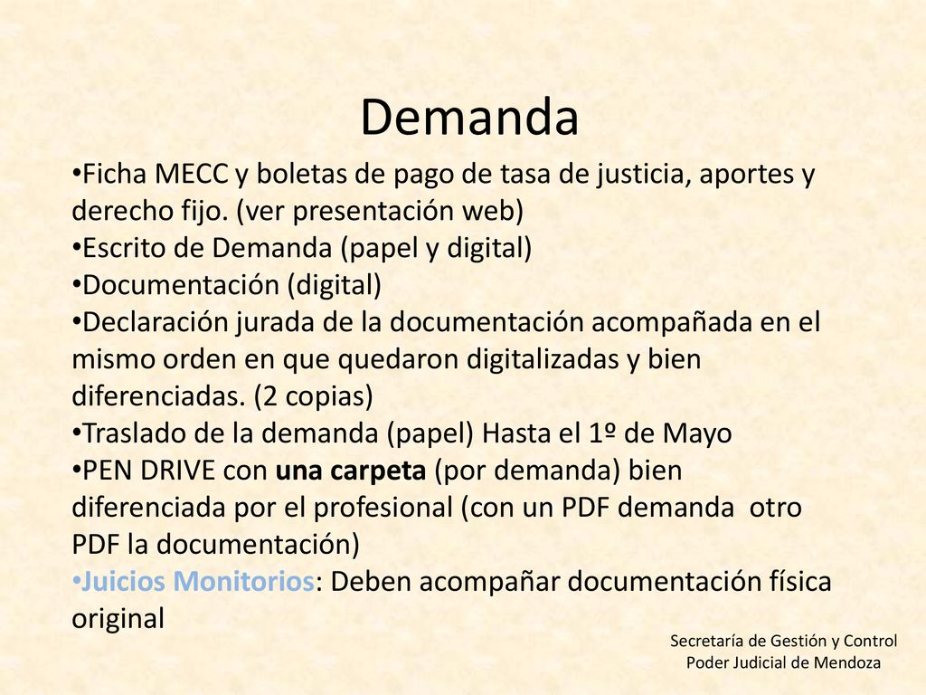 Demanda Ficha MECC y boletas de pago de tasa de justicia, aportes y derecho fijo. (ver presentación web)