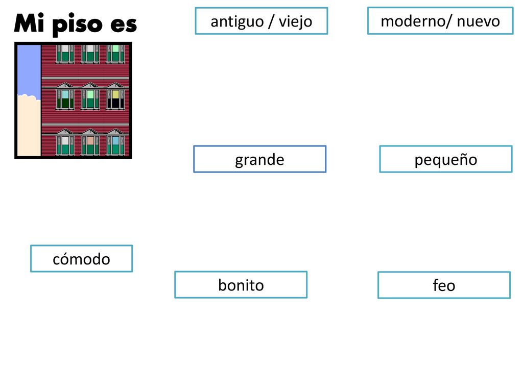 Mi piso es antiguo / viejo moderno/ nuevo grande pequeño cómodo bonito