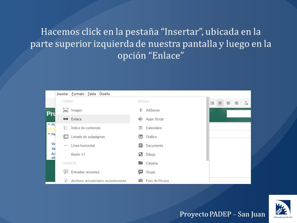 Hacemos click en la pestaña Insertar , ubicada en la parte superior izquierda de nuestra pantalla y luego en la opción Enlace