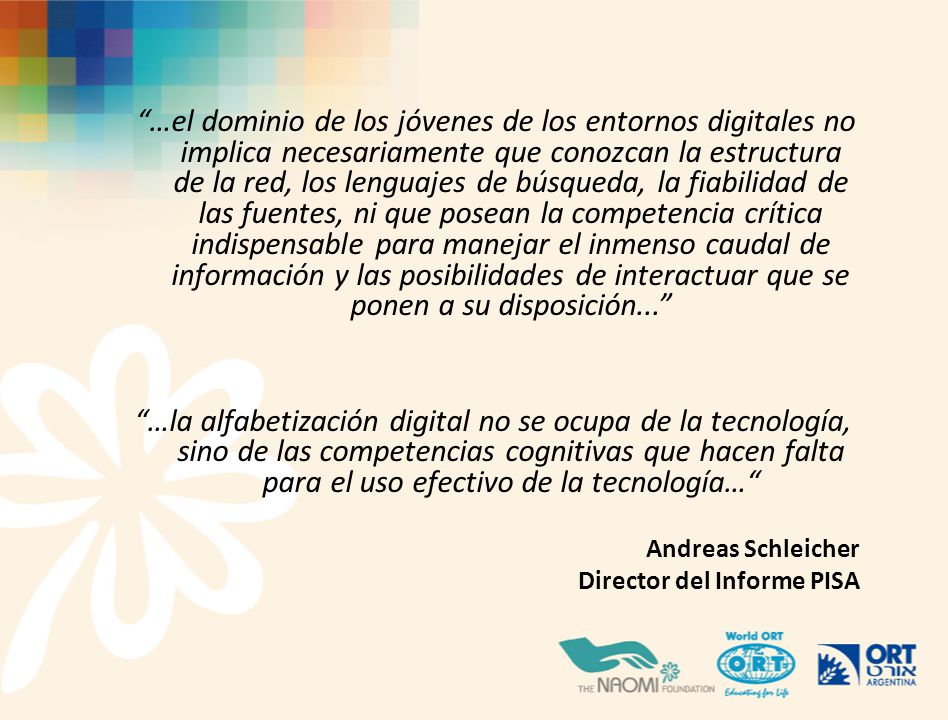 …el dominio de los jóvenes de los entornos digitales no implica necesariamente que conozcan la estructura de la red, los lenguajes de búsqueda, la fiabilidad de las fuentes, ni que posean la competencia crítica indispensable para manejar el inmenso caudal de información y las posibilidades de interactuar que se ponen a su disposición...