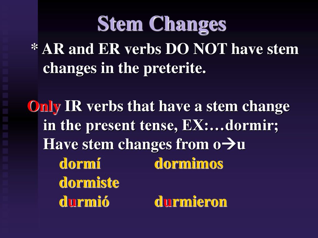 Stem Changes * AR and ER verbs DO NOT have stem changes in the preterite.