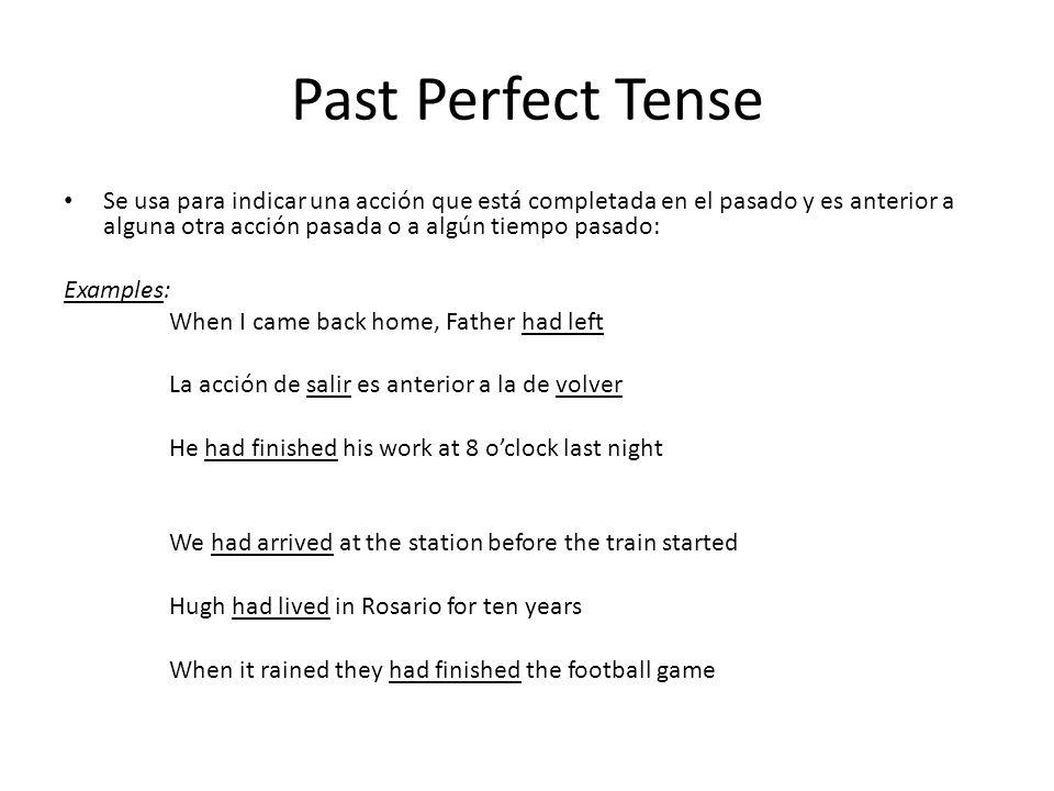 Past Perfect Tense Se usa para indicar una acción que está completada en el pasado y es anterior a alguna otra acción pasada o a algún tiempo pasado: