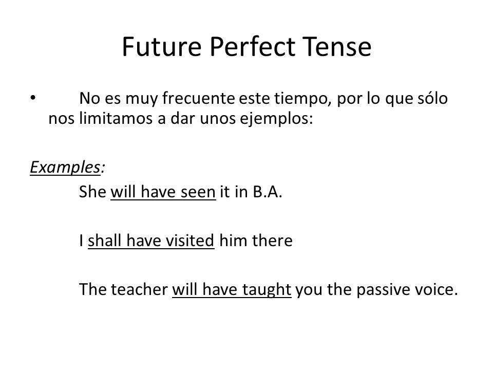 Future Perfect Tense No es muy frecuente este tiempo, por lo que sólo nos limitamos a dar unos ejemplos: