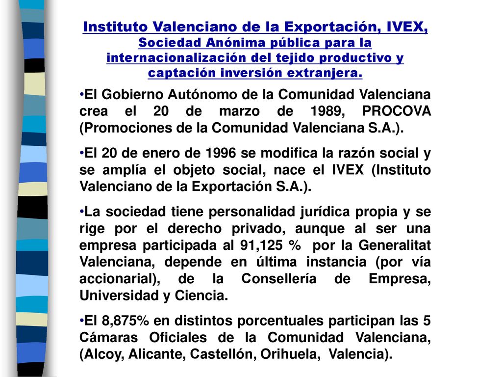 Instituto Valenciano de la Exportación, IVEX, Sociedad Anónima pública para la internacionalización del tejido productivo y captación inversión extranjera.
