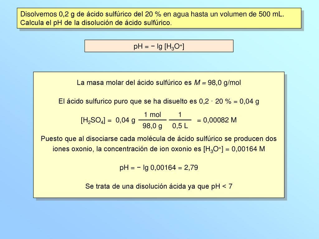 La masa molar del ácido sulfúrico es M = 98,0 g/mol