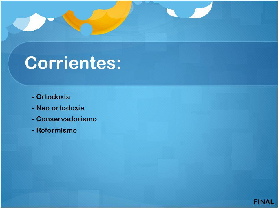 Corrientes: - Ortodoxia - Neo ortodoxia - Conservadorismo - Reformismo