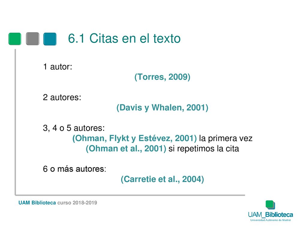 6.1 Citas en el texto 1 autor: (Torres, 2009) 2 autores: