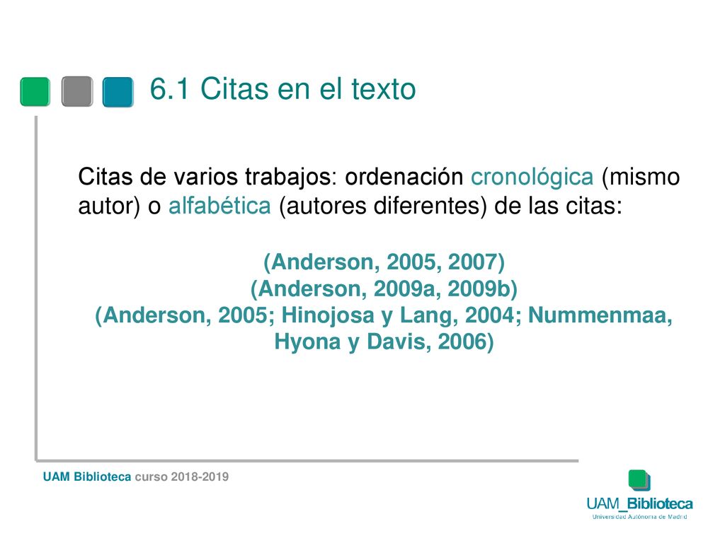6.1 Citas en el texto Citas de varios trabajos: ordenación cronológica (mismo autor) o alfabética (autores diferentes) de las citas: