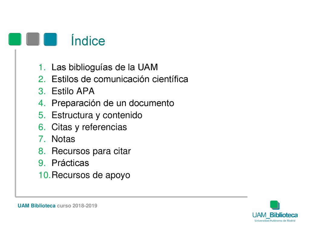 Índice Las biblioguías de la UAM Estilos de comunicación científica