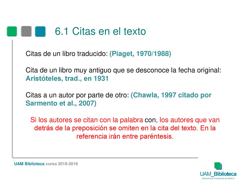 6.1 Citas en el texto Citas de un libro traducido: (Piaget, 1970/1988)