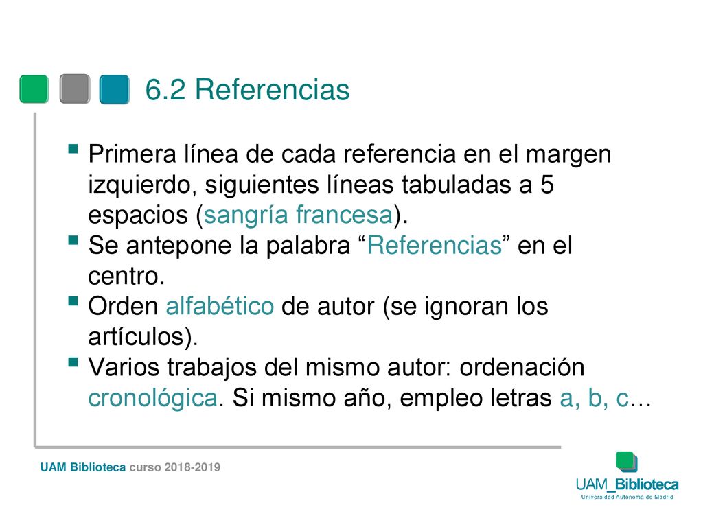 6.2 Referencias Primera línea de cada referencia en el margen izquierdo, siguientes líneas tabuladas a 5 espacios (sangría francesa).